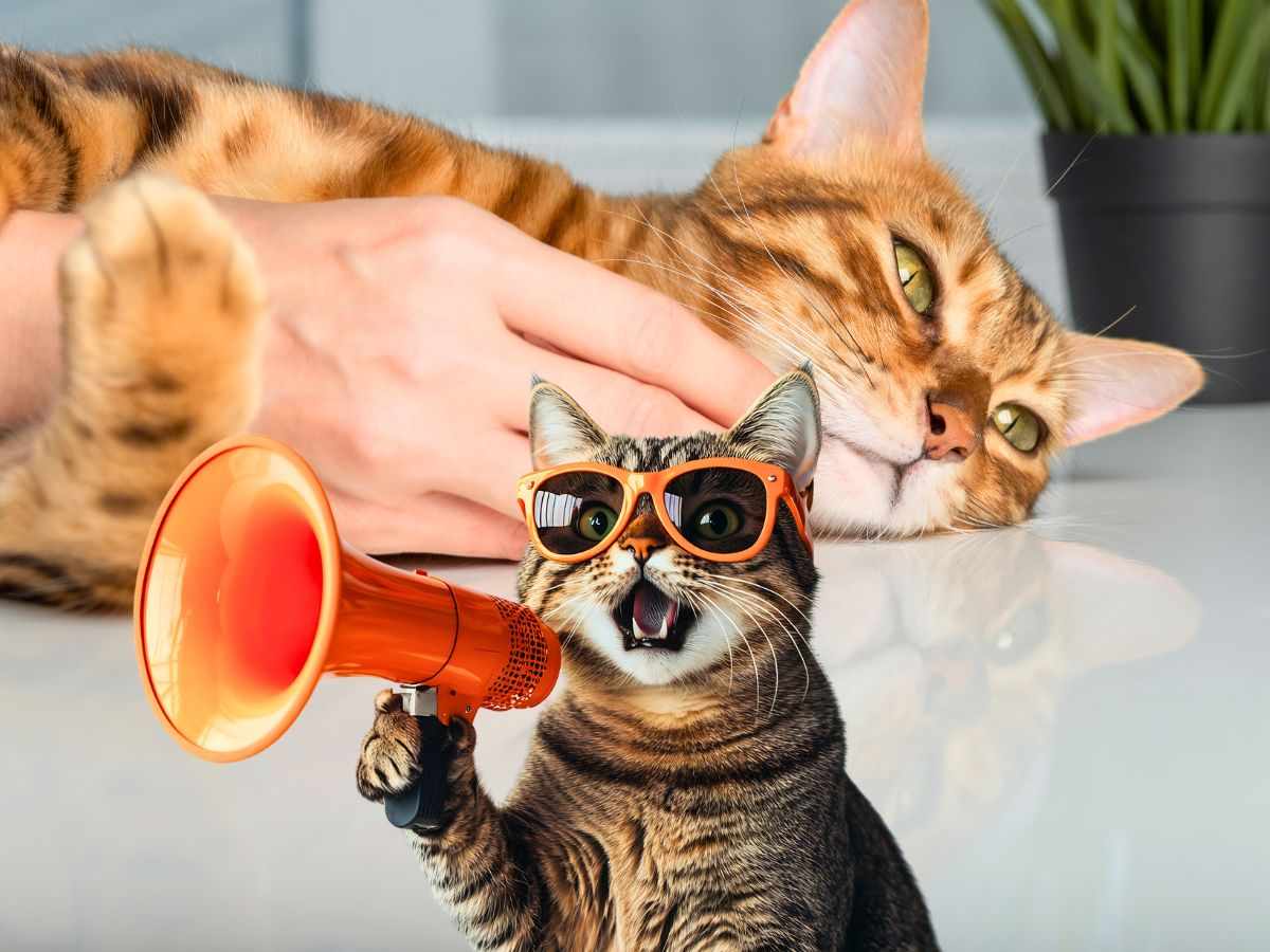 sfondo gatto sdraiato che si fa coccolare e gatto con occhiali e megafono
