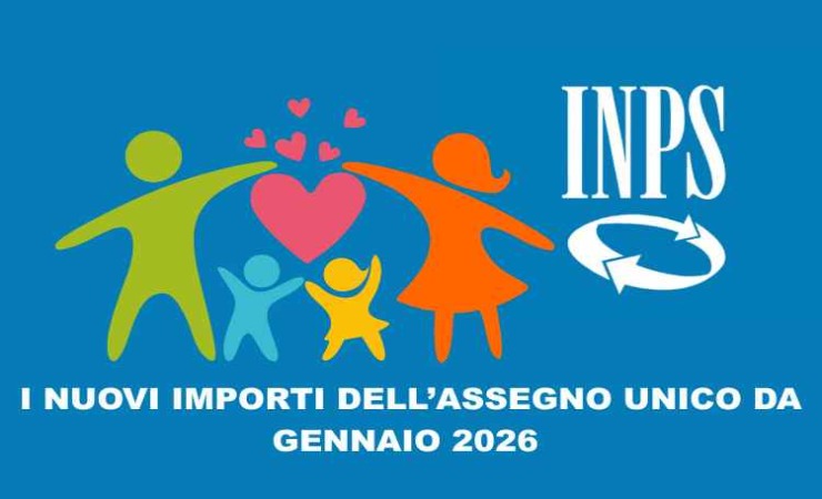 Famiglia stilizzata con accanto il logo Inps e alla scritta “I nuovi importi dell’Assegno Unico da gennaio 2026