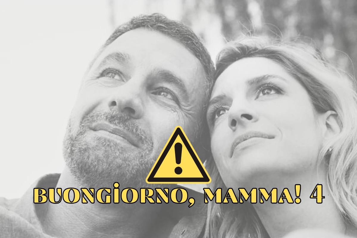 Personaggi Guido e Agata, scritta Buongiorno, mamma! 4 e simbolo attenzione
